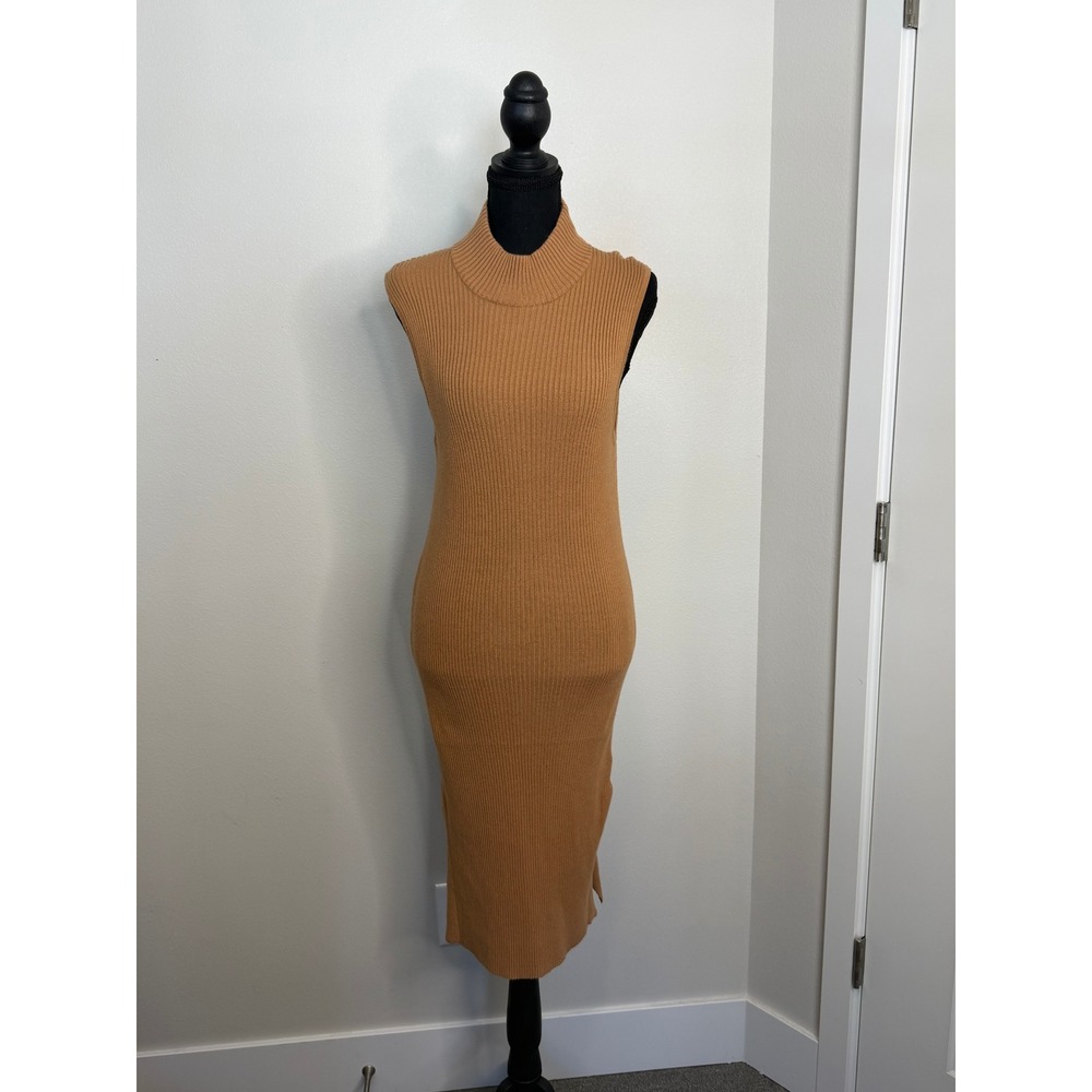 Magaschoni Women's XL Camel Brown Ribbed Mock Neck Sleeveless Midi Bodycon Dress